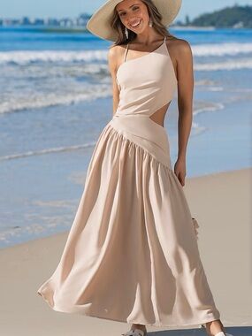 Asymmetrical Khaki Tan Maxi Dress